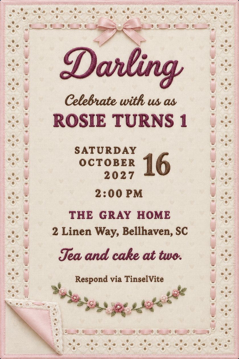 First birthday invitation on a cream eyelet cotton blanket with pink satin binding and bow, plum stitched script reading Darling, a rosebud garland, and the date and venue below.