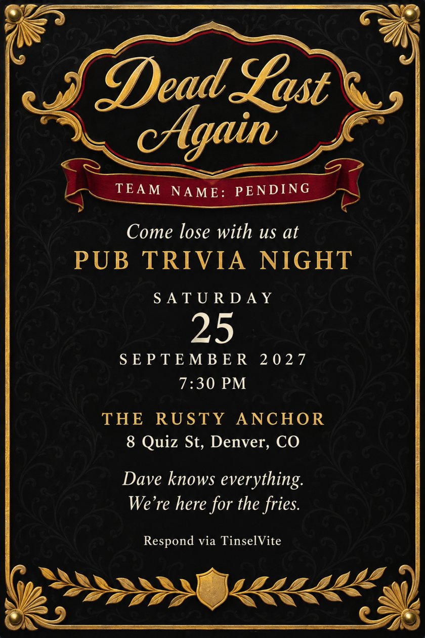 Game night invitation: Pub trivia night invitation on black glass with a gold-leaf frame and scalloped title sign reading Dead Last Again over a crimson ribbon, with the date and venue below.