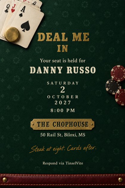Dark green felt invitation with a fan of playing cards and a brass dealer button in the top left corner, red and black clay chips at the right, gold slab lettering reading DEAL ME IN.