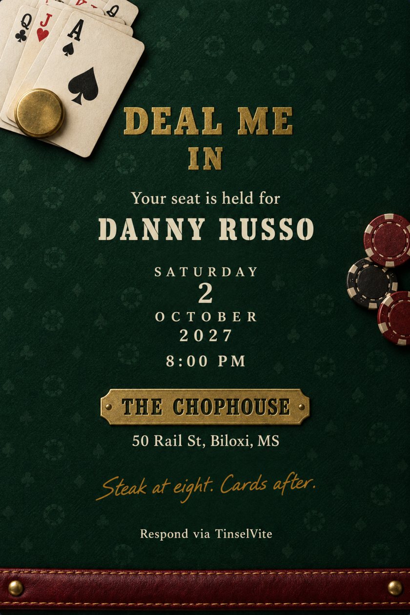 Game night invitation: Dark green felt invitation with a fan of playing cards and a brass dealer button in the top left corner, red and black clay chips at the right, gold slab lettering reading DEAL ME IN.