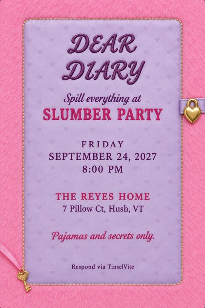 Slumber party invitation: padded lavender satin diary cover in pink faux fur, plum embroidered script Dear Diary, a gold heart padlock and key, date and venue below.