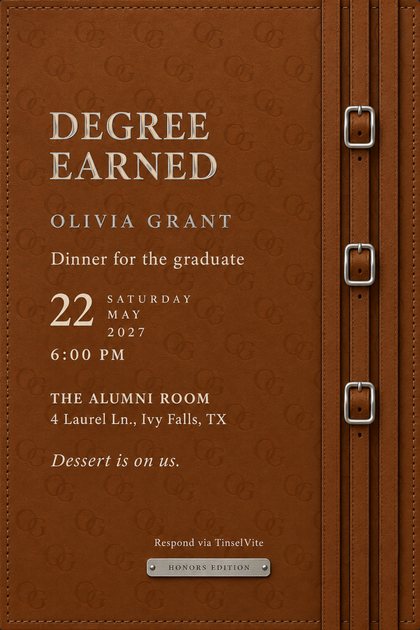 Cognac leather card embossed with a repeating O and G monogram and three straps with silver buckles down the right side. Silver foil reads DEGREE EARNED above OLIVIA GRANT, with the date and venue below.
