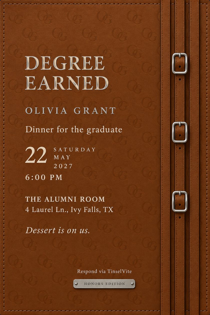Graduation invitation: Cognac leather card embossed with a repeating O and G monogram and three straps with silver buckles down the right side. Silver foil reads DEGREE EARNED above OLIVIA GRANT, with the date and venue below.
