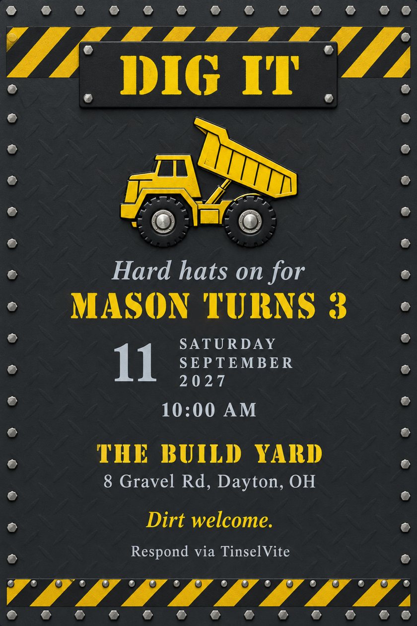 Construction birthday invitation on a charcoal steel sign with bolted border, yellow hazard stripes, a raised yellow dump truck and DIG IT in stencil lettering, date and venue below.