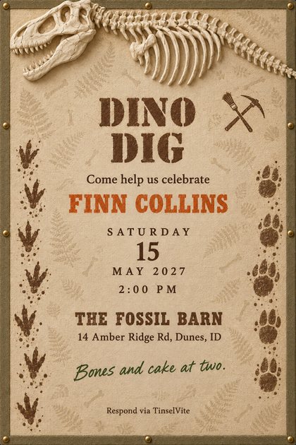 Sand canvas card, khaki tape border and brass rivets. A cream dinosaur skeleton breaks over the top edge, muddy tracks up both sides. Stencil capitals read DINO DIG, with the date and venue below.