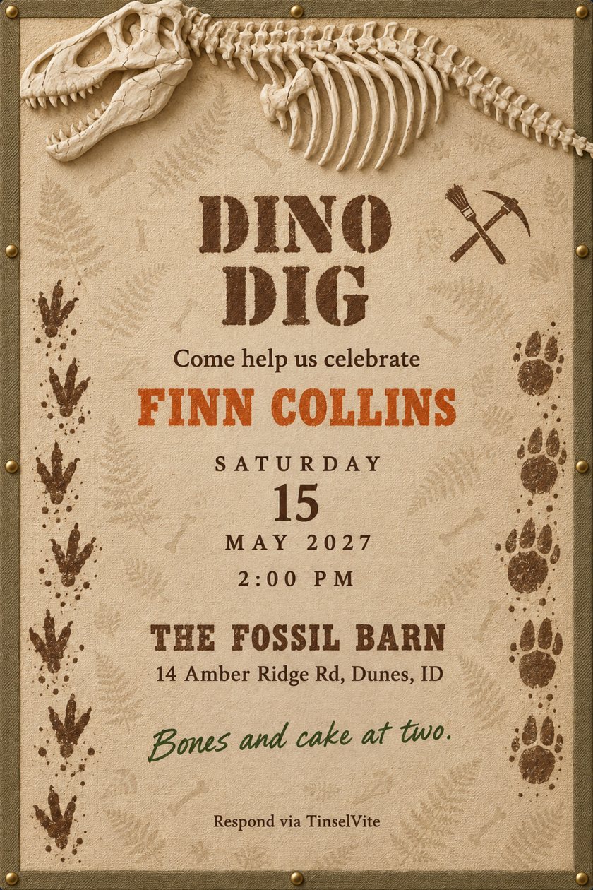 Birthday invitation: Sand canvas card, khaki tape border and brass rivets. A cream dinosaur skeleton breaks over the top edge, muddy tracks up both sides. Stencil capitals read DINO DIG, with the date and venue below.