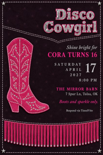 Birthday invitation on black-plum suede with a hot-pink appliqué cowboy boot, mirror tile lettering reading Disco Cowgirl, pink fringe along the bottom, and the date and venue below.