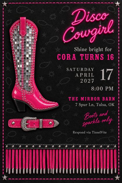 Birthday invitation on black leather with a hot pink cowgirl boot inlaid with mirror tiles, a silver buckle belt, neon script reading Disco Cowgirl, pink fringe, and the date and venue below.