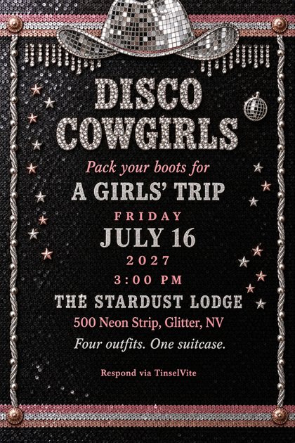 Girls' trip invitation on black sequin cloth: a mirror tile cowboy hat at the top, rhinestone title Disco Cowgirls, silver rope sides, star studs, with the date and venue below.