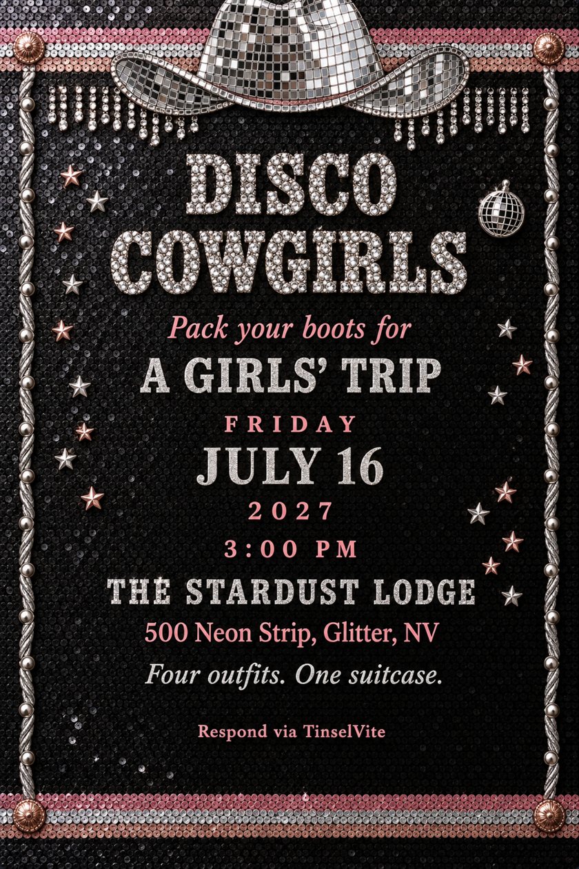 DW8 · DISCO / COWGIRLS (girls' trip) just because invitation: Girls' trip invitation on black sequin cloth: a mirror tile cowboy hat at the top, rhinestone title Disco Cowgirls, silver rope sides, star studs, with the date and venue below.