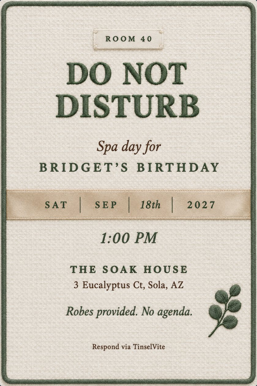 Spa day birthday invitation on ivory terry cloth with a sage green stitched border, a champagne satin sash across the middle for the date, a eucalyptus sprig and the title Do Not Disturb.
