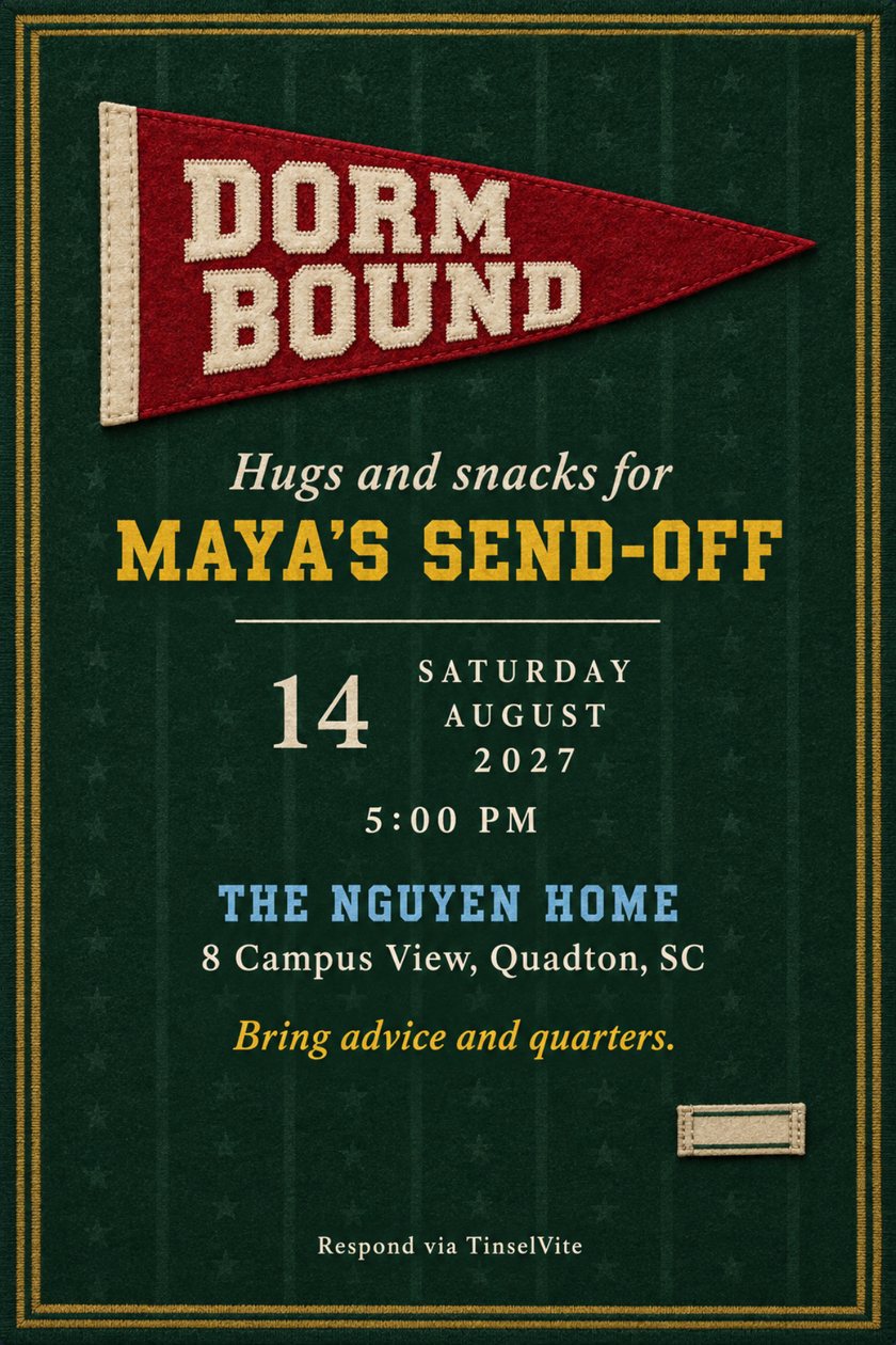 Going away invitation for a college send-off: a red felt pennant reading DORM BOUND on green wool with gold trim, with the date and venue below.