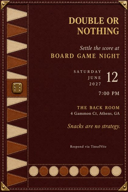 Game night invitation on oxblood leather with cream and cognac backgammon points down the left, a brass die, a row of checkers, and the title Double or Nothing.