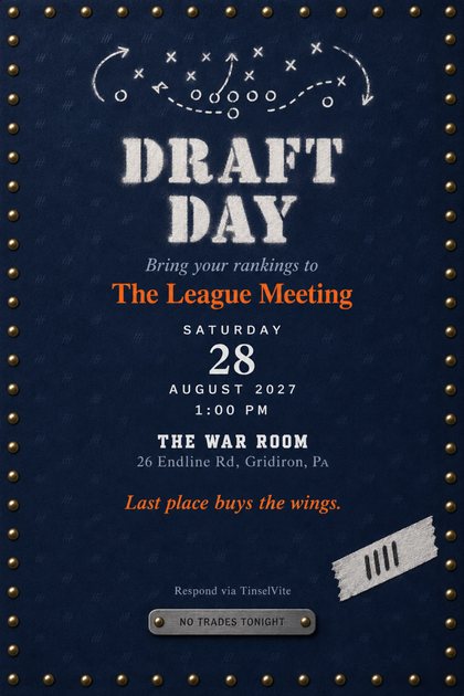 Dad's night out fantasy football draft invitation on navy nubuck with a brass rivet border, a white play diagram, stencilled DRAFT DAY title and the date and venue below.