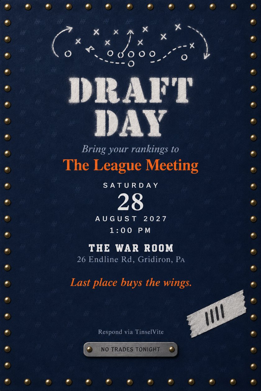 Dad's night out fantasy football draft invitation on navy nubuck with a brass rivet border, a white play diagram, stencilled DRAFT DAY title and the date and venue below.