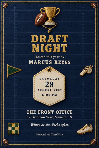 Navy cloth card with an embroidered gold trophy, football and whistle above 'DRAFT NIGHT' in gold capitals, a cream tag with the date, and a pennant, tile patch and cleat.
