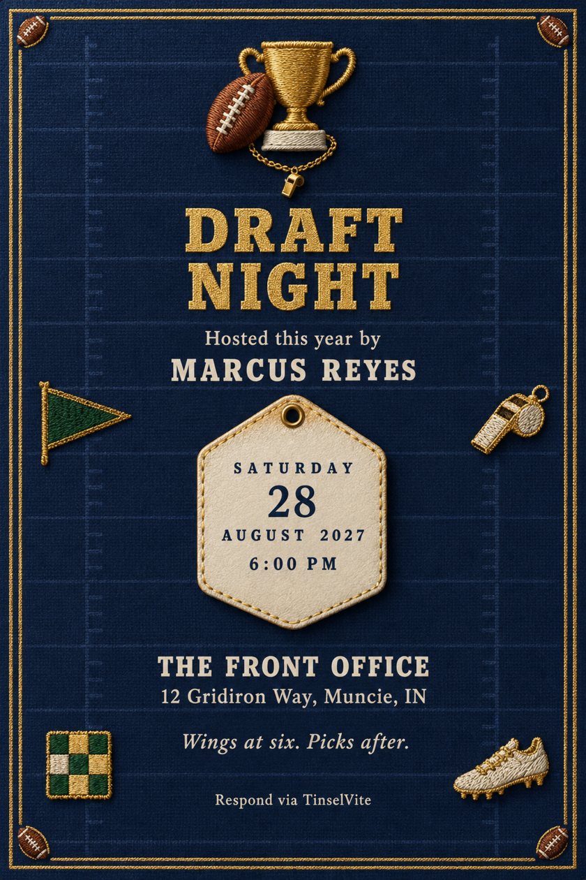 Dad's night out invitation: Navy cloth card with an embroidered gold trophy, football and whistle above 'DRAFT NIGHT' in gold capitals, a cream tag with the date, and a pennant, tile patch and cleat.