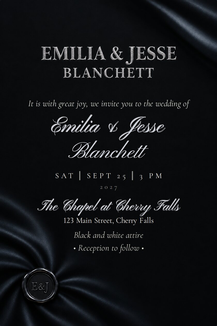 Wedding invitation: Portrait card in deep matte black with a fine double silver rule framing the edge. Near the top, the initials E and J in large silver script separated by a small ampersand.