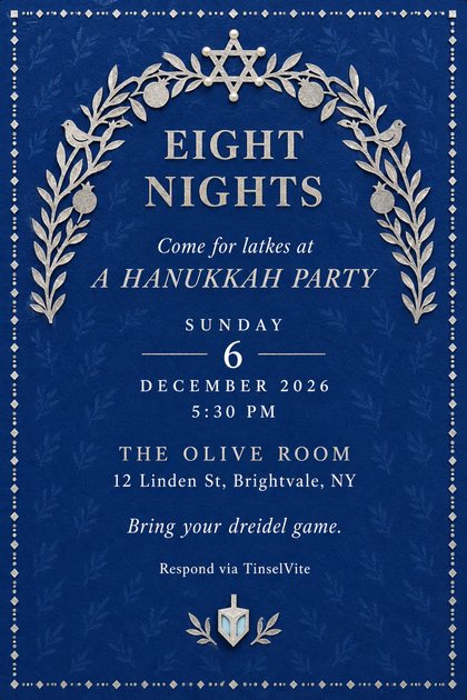 Hanukkah party invitation on deep blue paper with a silver cutwork olive branch arch, birds, pomegranates and a pearl star, headed Eight Nights, with the date and venue below.