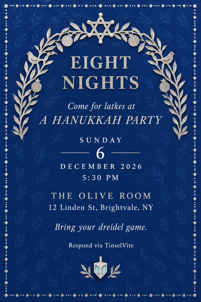 Holiday party invitation: Hanukkah party invitation on deep blue paper with a silver cutwork olive branch arch, birds, pomegranates and a pearl star, headed Eight Nights, with the date and venue below.