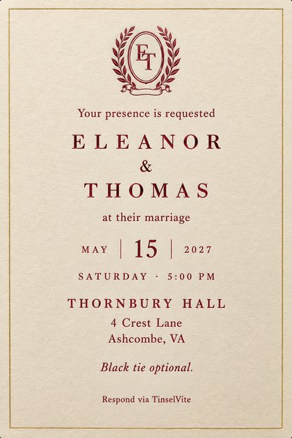 Cream letterpress card with a thin gold border. A burgundy laurel crest with intertwined E and T sits above the large spaced names ELEANOR and THOMAS, with the date and venue below.