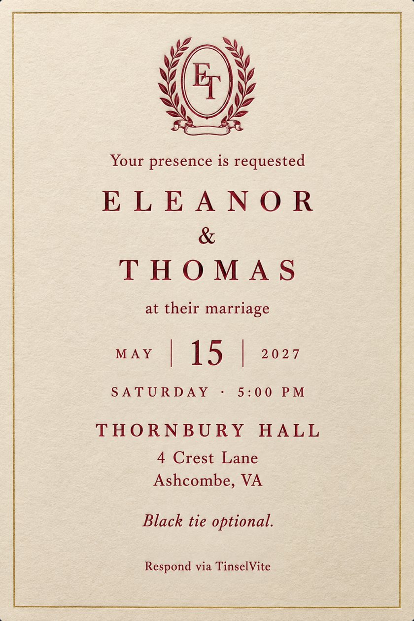 Wedding invitation: Cream letterpress card with a thin gold border. A burgundy laurel crest with intertwined E and T sits above the large spaced names ELEANOR and THOMAS, with the date and venue below.