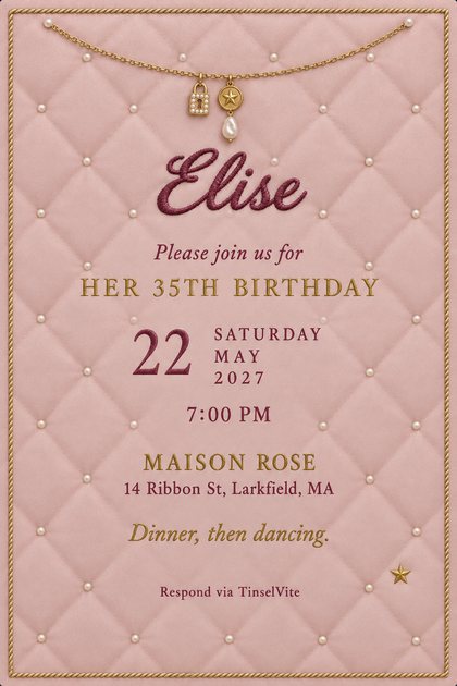 Birthday invitation in blush pink tufted satin with pearl buttons, a gold chain with padlock and coin charms, a large wine embroidered script name, and the date and venue below.