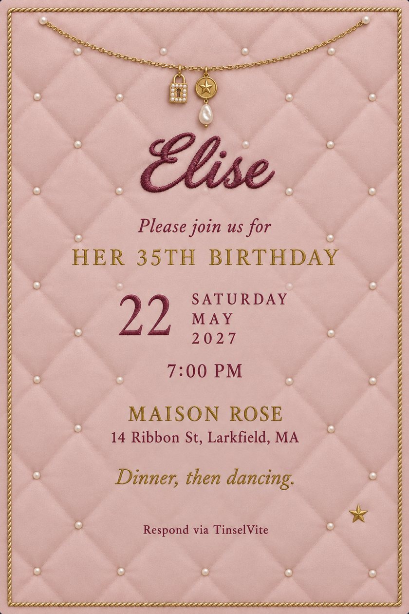 Birthday invitation in blush pink tufted satin with pearl buttons, a gold chain with padlock and coin charms, a large wine embroidered script name, and the date and venue below.