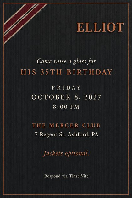 Birthday invitation on dark charcoal ribbed cotton with an oxblood and cream regimental stripe in the top left corner, a copper capital name, and the date and venue below.