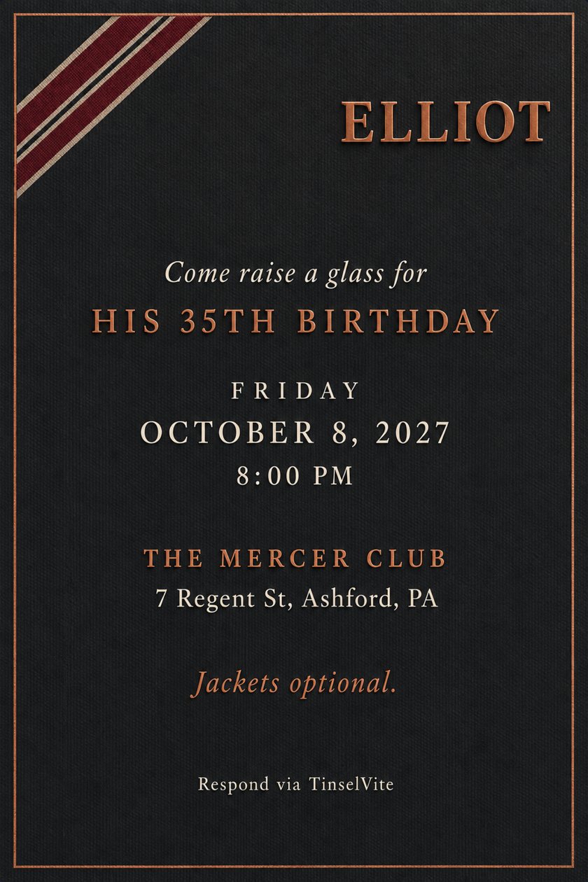 Birthday invitation on dark charcoal ribbed cotton with an oxblood and cream regimental stripe in the top left corner, a copper capital name, and the date and venue below.