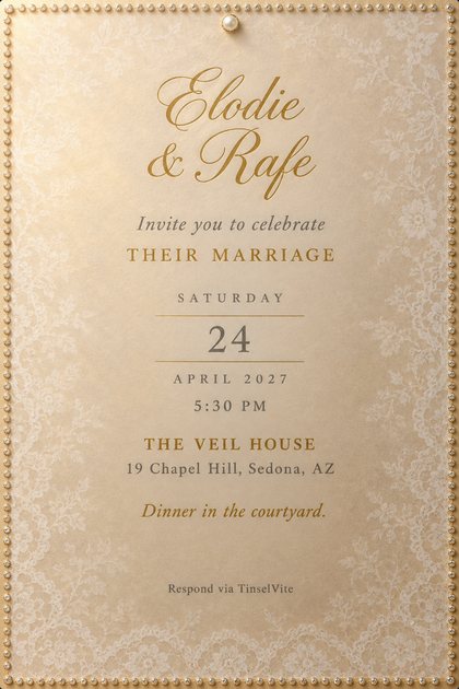 Wedding invitation in gold script on champagne cardstock under frosted vellum with white lace, a crystal bead border, a pearl pin at the top, and the date and venue below.