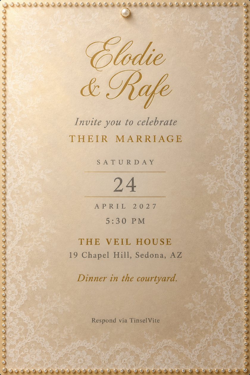 Wedding invitation in gold script on champagne cardstock under frosted vellum with white lace, a crystal bead border, a pearl pin at the top, and the date and venue below.