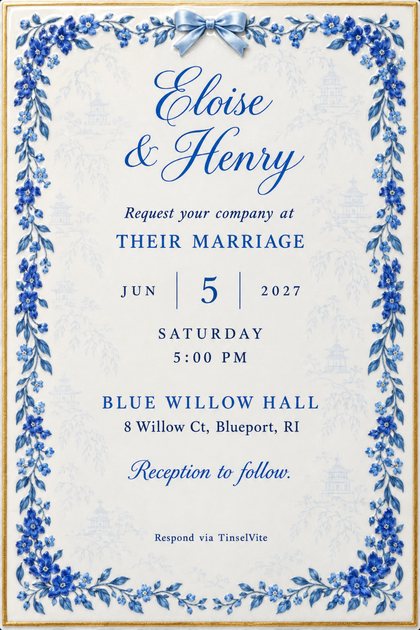 Portrait wedding invitation on white bone china with a cobalt flower garland, a pale blue bow and a gold rim, with Eloise & Henry in blue script and the date and venue below.