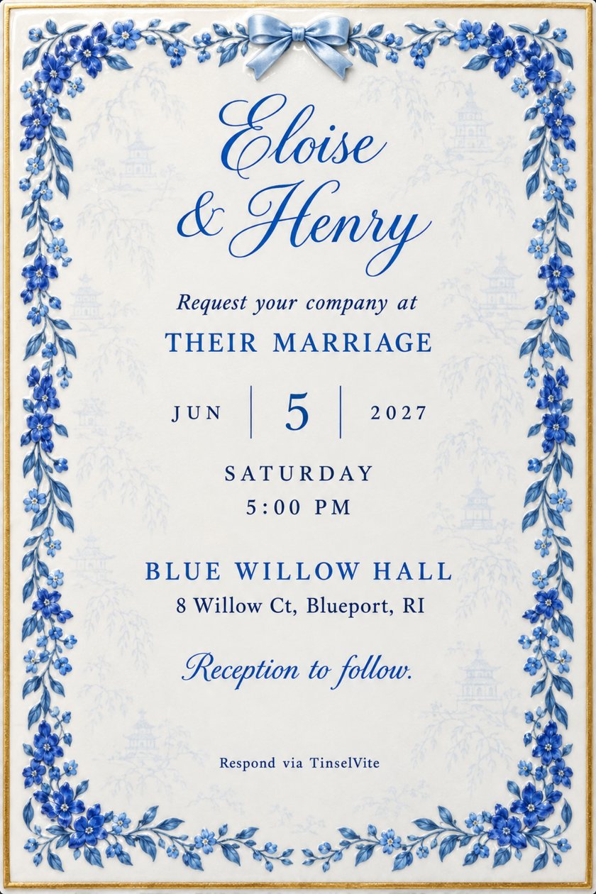 Portrait wedding invitation on white bone china with a cobalt flower garland, a pale blue bow and a gold rim, with Eloise & Henry in blue script and the date and venue below.