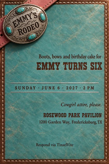 Turquoise leather card with a stitched brown border and a rose-pink strap holding a silver oval buckle with turquoise stones, engraved EMMY'S RODEO, above EMMY TURNS SIX with the date and venue below.