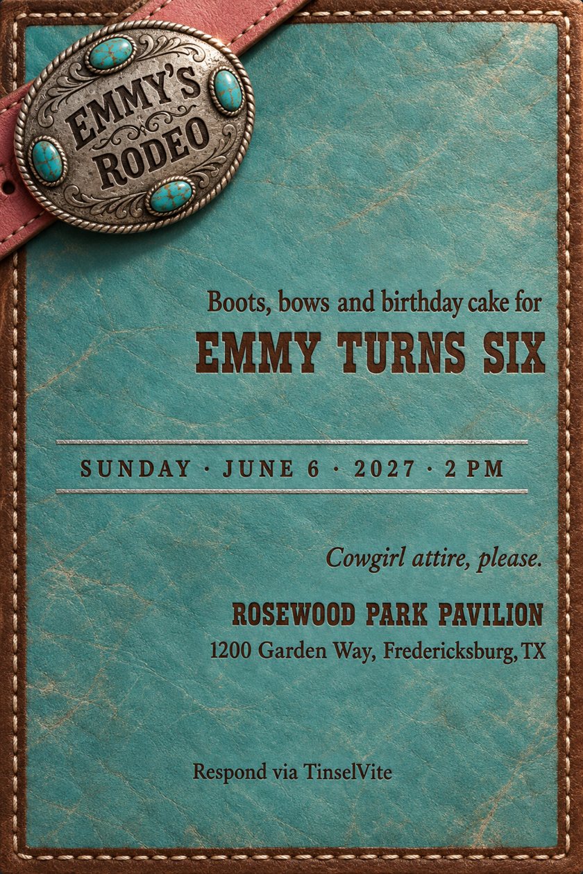 Birthday invitation: Turquoise leather card with a stitched brown border and a rose-pink strap holding a silver oval buckle with turquoise stones, engraved EMMY'S RODEO, above EMMY TURNS SIX with the date and venue below.