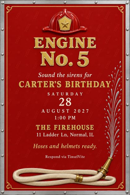 Red fire engine door panel birthday invitation with a raised firefighter helmet, gold lettering reading Engine No. 5, a cream hose and silver water spray, date and venue below.