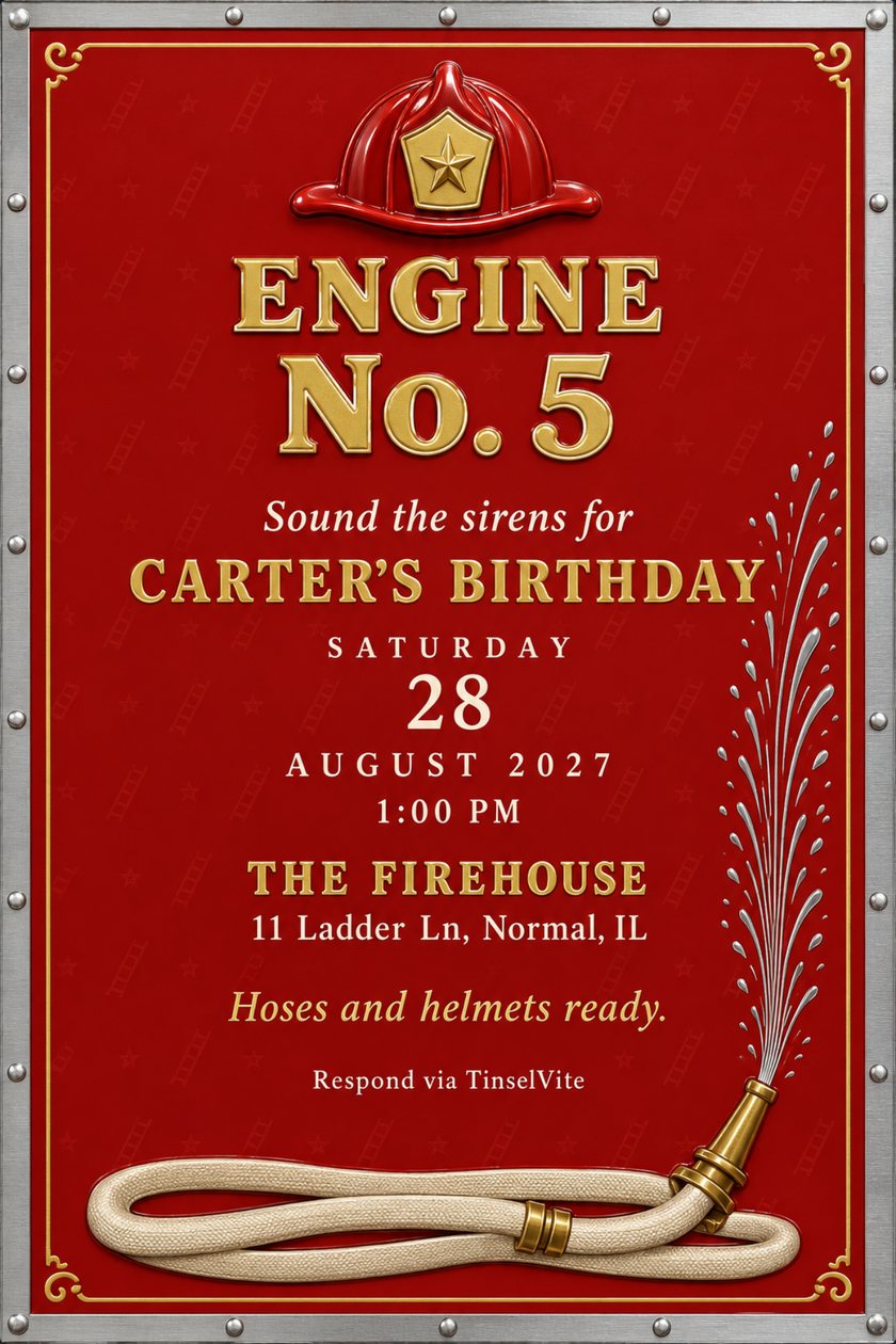 Red fire engine door panel birthday invitation with a raised firefighter helmet, gold lettering reading Engine No. 5, a cream hose and silver water spray, date and venue below.