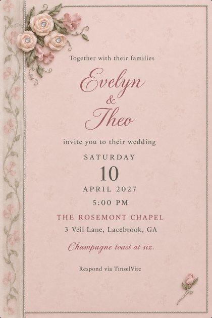 Blush satin framed by ivory tulle and scattered pearls, a pearl and crystal comb at top center, scalloped lace along the bottom. Script names Evelyn and Theo, with the date and venue below.