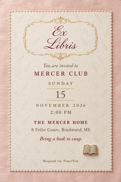 Book club invitation on blush silk: an ivory deckled card edged in seed pearls, a gold filigree frame around Ex Libris in wine script, and a crystal open-book brooch. Details below.