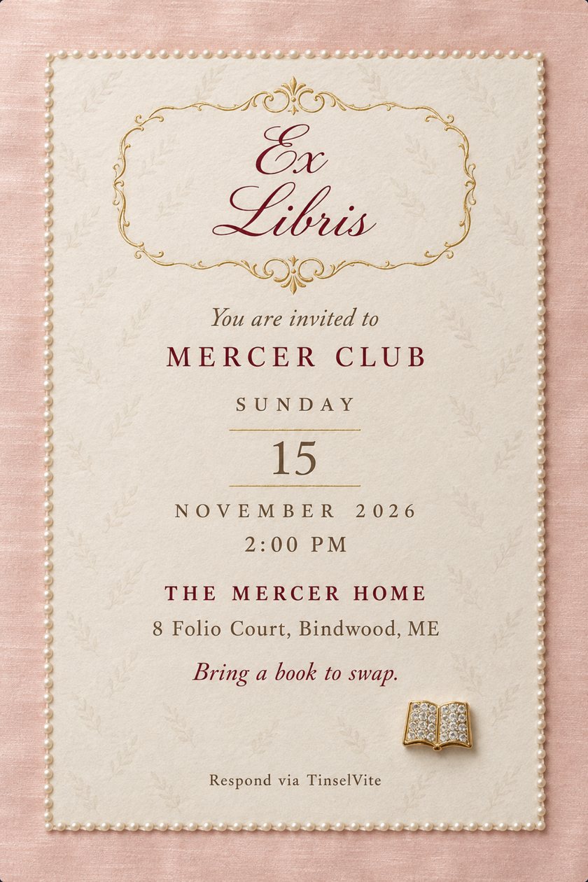 Book club invitation on blush silk: an ivory deckled card edged in seed pearls, a gold filigree frame around Ex Libris in wine script, and a crystal open-book brooch. Details below.