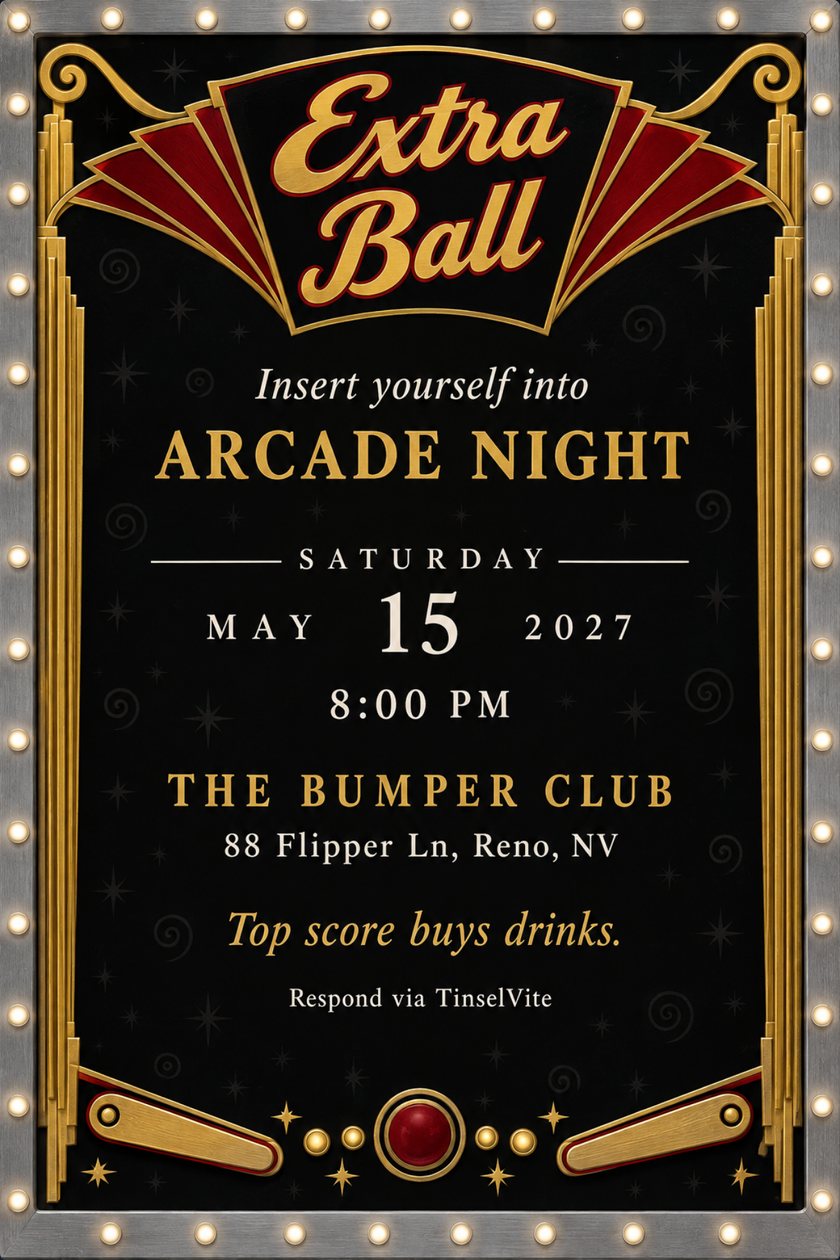 Game night invitation: Arcade night invitation on black reverse-painted glass in a chrome bulb frame, red and gold art deco Extra Ball marquee, gold columns, pinball flippers below, date and venue below.