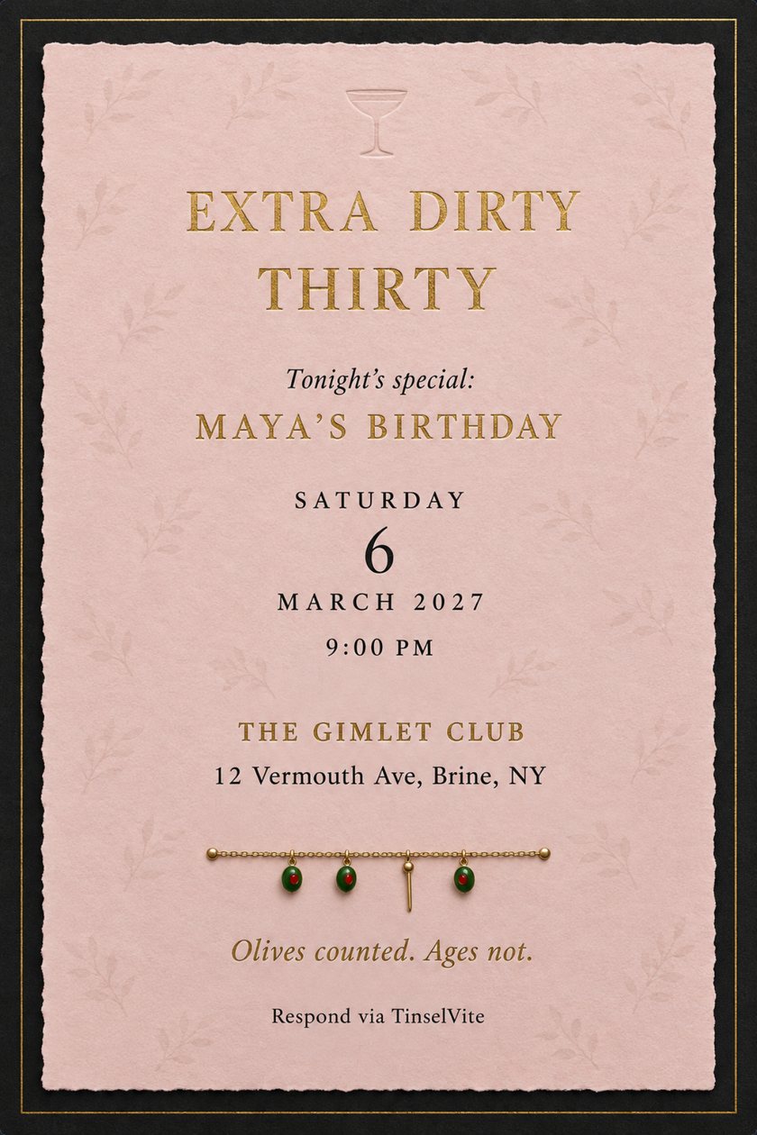 Birthday invitation in blush pink with gold title Extra Dirty Thirty, an embossed coupe glass and olive charms on a chain, on black satin, with the date and venue below.