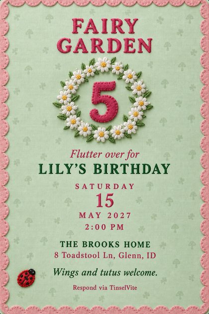 Birthday invitation on mint green cotton with a pink felt scalloped border, Fairy Garden in berry stitched capitals, a daisy wreath around a 5, a ladybug patch, date and venue below.