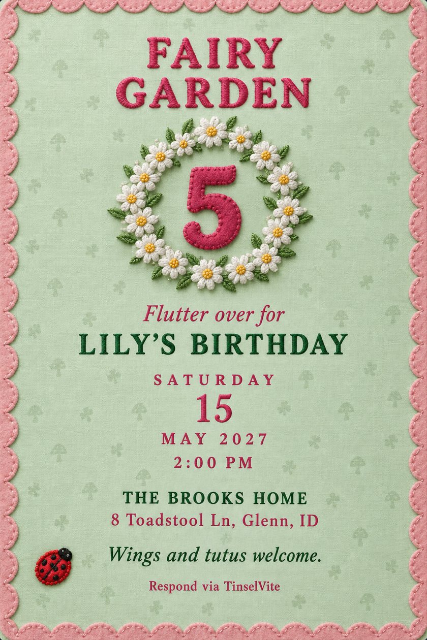 Birthday invitation on mint green cotton with a pink felt scalloped border, Fairy Garden in berry stitched capitals, a daisy wreath around a 5, a ladybug patch, date and venue below.