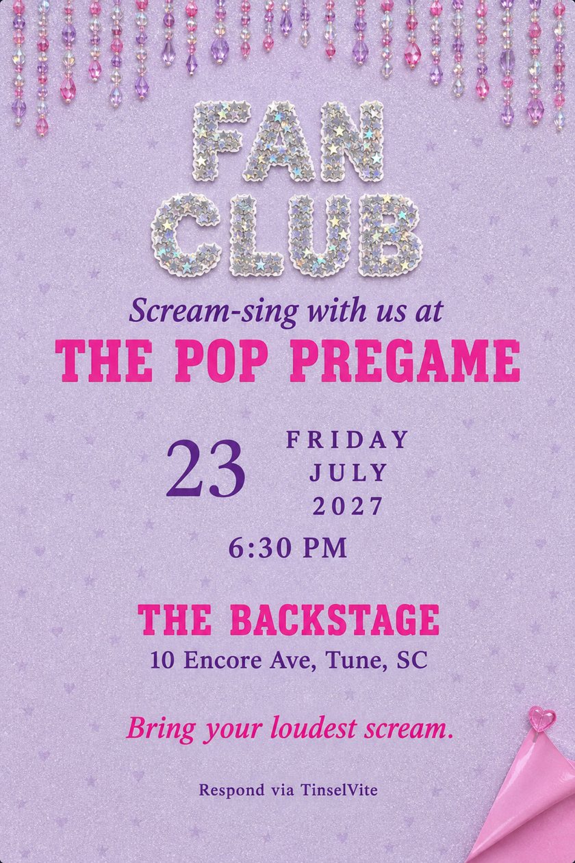 Mom's night out invitation on lilac glitter cardstock with a beaded curtain across the top, FAN CLUB in silver star stickers, and a pink poster corner, date and venue below.