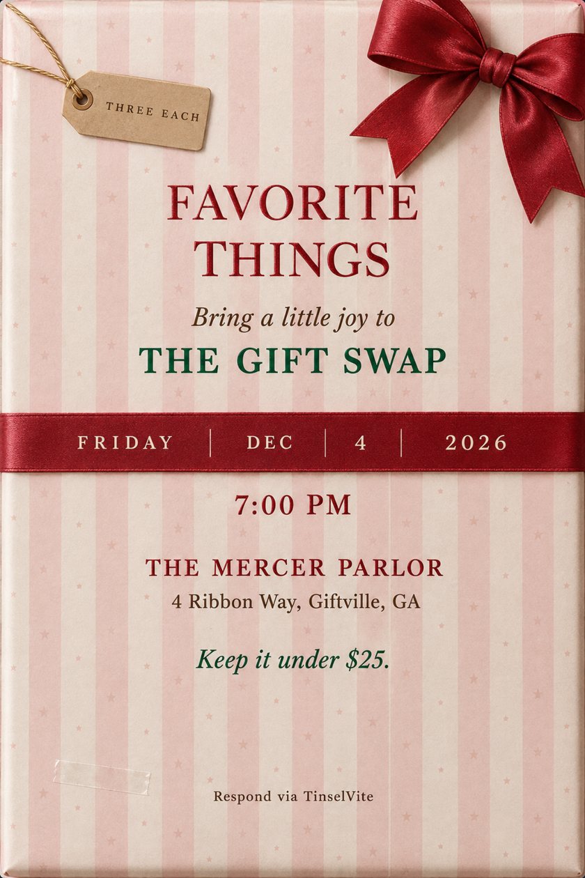 Mom's night out gift swap invitation styled as a gift in blush striped wrapping paper, with a red bow, kraft tag, red ribbon band and the title Favorite Things, date and venue below.