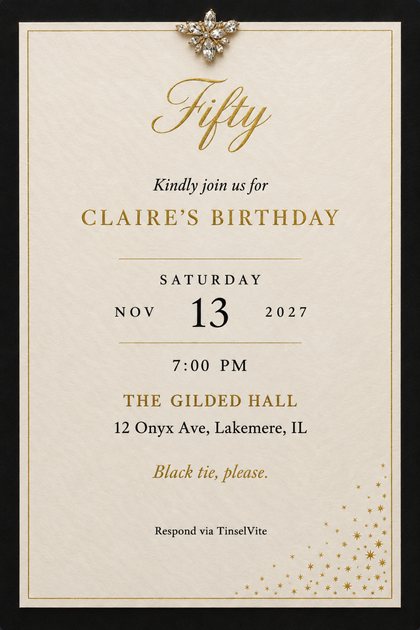 Birthday invitation: ivory cotton card on black satin, crystal brooch at top, gold script 'Fifty', gold hairline frame, gold stars at lower right, date and venue below.