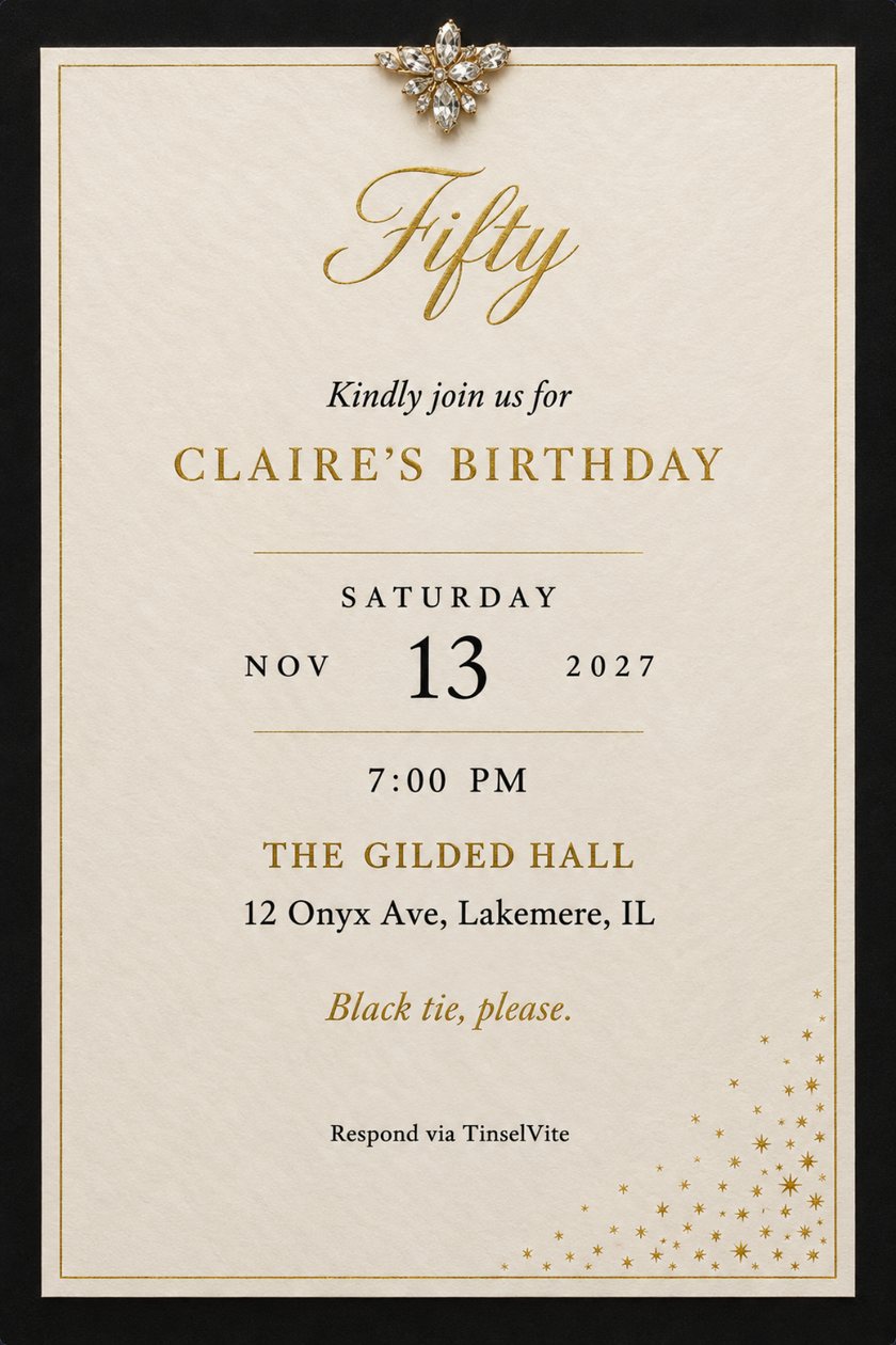 Birthday invitation: ivory cotton card on black satin, crystal brooch at top, gold script 'Fifty', gold hairline frame, gold stars at lower right, date and venue below.