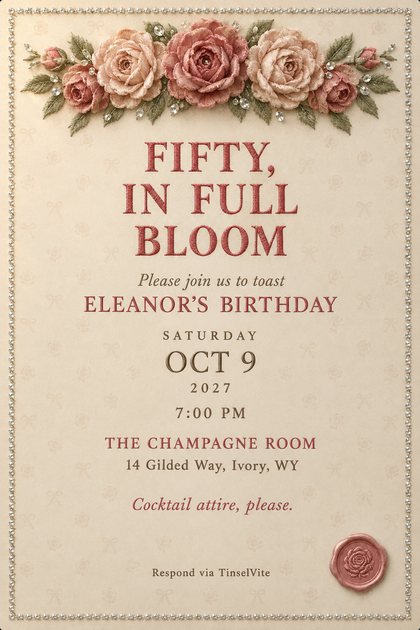 Birthday invitation on ivory satin with a crescent of pink velvet roses, a crystal bead border, a rose wax seal and the title Fifty, in Full Bloom, with the date and venue below.